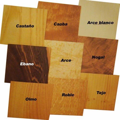 nueve tipos de madera: castaño, caoba, arce blanco, ebano, arce, nogal, olmo, roble y tejo